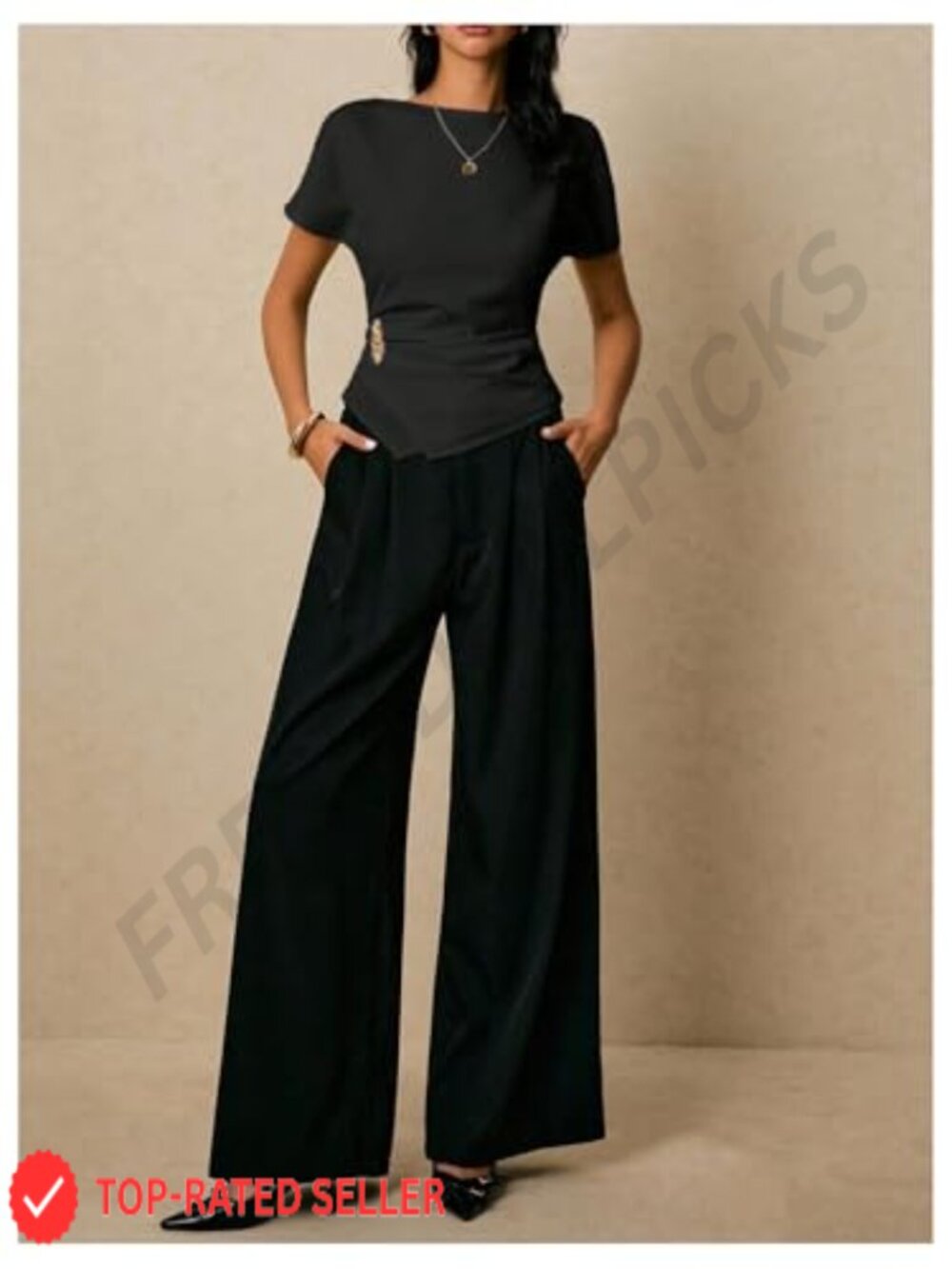 Asymmetrical Dressy Blouse Cinched Waist Elegant Business Casual Top - Picture 2 of 4